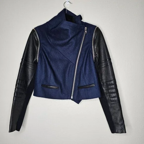 Yigal Azrouel Size 6 Blue Black Wool Lambs Leather Moto Jacket Asymmetric Zip